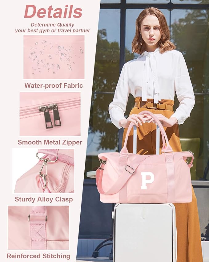 Initial Travel Duffel Bag Sports Gym Bag for Girls Teen Birthday Gifts,Pink Personalized Weekender Bag Carry On Tote Bags for Women Men,Waterproof Overnight Luggage Bag with Trolley Sleeve(Letter P)