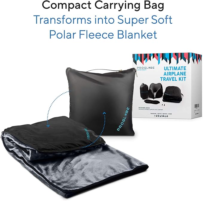 Travel Blanket Luxury Travel Set - Ergonomic Airplane Neck Pillow 100% Pure Memory Foam and Super Soft Fleece Blanket - Premium 3D Sleep Mask & Earplugs - Ultimate 4-in-1 Traveling Kit Black