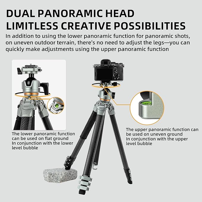Fotopro Compact Carbon Fiber Travel Tripod, 60 inches Professional Heavy Duty Tripod with Profile Legs Super-Large Ball Head Weatherproof Bag, Fotopro Origin Plus Golden Max Load 44lbs