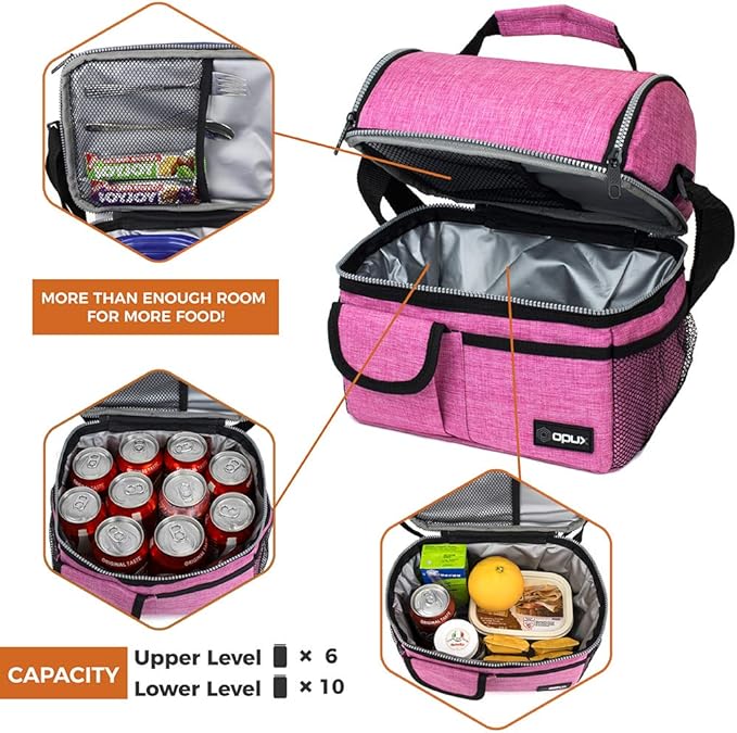 opux Lunch Bag Women Insulated, Adult Lunch Box Cooler, Lunch Box for Men, Dual Compartment Lunchbox for Work, Leakproof Double Decker Lunch Bag, Soft Lunch Pail Tote Girls Boys Kids School, Pink