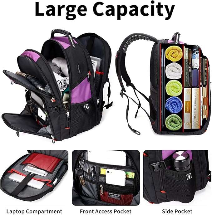 SHRRADOO Extra Large 50L Travel Laptop Backpack with USB Charging Port, College High School Backpack Airline Approved Business Work Bag Fit 17 Inch Laptops for Men Women,Purple