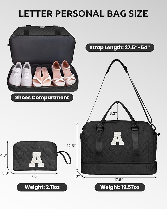 Graduation Gifts for Girls-Initial Duffle Bag with Shoe Compartment, Personalized Weekender Bag, Monogram Overnight Bag, Letter Travel Bag with Makeup Bag, Bride Gifts (Letter L)