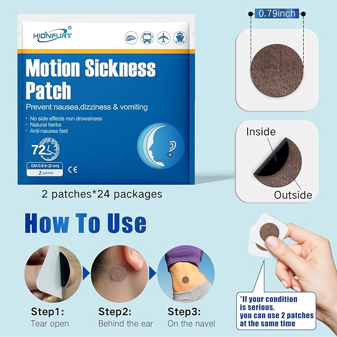 48ct Motion Sickness Patches – Sea Sickness Patches for Cruise, Car, Airplane, and Other Travel – Non-Drowsy, Effective, Lasts 72 Hours