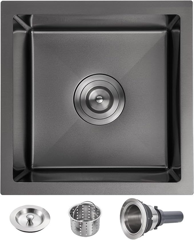 POPFLY 15 Inch Bar Sink, Black Small 15×15 Inch Undermount Kitchen Bar Prep Sink, Stainless Steel Single Bowl 18 Gauge Handmade 8 inch Deep Rv Sink