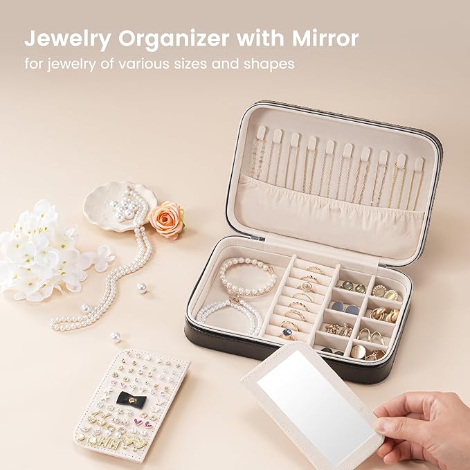 Lolalet Travel Jewelry Case for Women, Travel Jewelry Organizer Box with Mirror & Clear Storage Bag, Small Portable Traveling Earring Necklace Bracelet Ring Case, Bridesmaid Gifts -Medium, Black