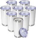 20 oz Tumbler Coffee Tavel Tumblers Bulk with Lid Stainless Steel Double Wall Vacuum Insulated Mug Powder Coated Cups fit Car Cupholder for Hot and Cold - White, 8Pack