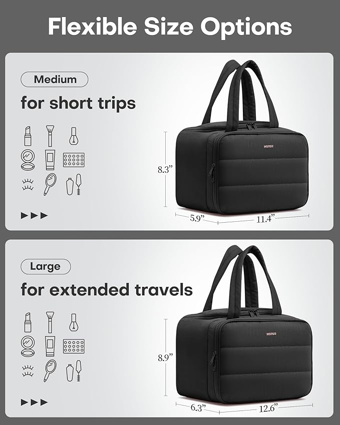 HOTOR Travel Toiletry Bag - Wide-Open Toiletry Bag for Women, Multi-Pocket Makeup Bag for Travel Essentials, Wet & Dry Separation Travel Accessories for Trip, Gym, 11.4" x 5.9" x 8.3", Black