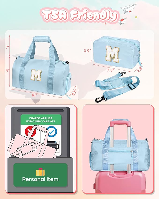 Gifts for 3 4 5 6 7 8 9 10 Year Old Girls-Girl Gym Bag with Shoe Compartment, Kid Personalized Weekender Overnight Bags, Initial Travel Tote with Makeup Pouch, Gift Ideas for Kids (Letter M)