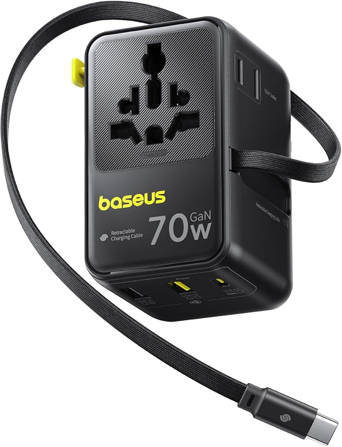 Baseus 70W Universal Travel Adapter with Retractable Cable, 6-in-1 International Plug Adapter, USB-C PD Fast Charging Worldwide Wall Charger for USA/EU/UK/AUS and Over 200 Countries - Enercore CG11