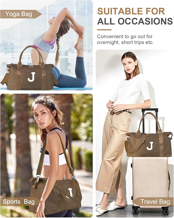 Birthday Graduation Gifts for Daughter,Initial Travel Duffel Bag Sports Gym Bag for Girls Teen Kids Birthday Gifts,Personalized Weekender Bag Carry On Tote Bags Cute Overnight Bag for Women(Brown, J)