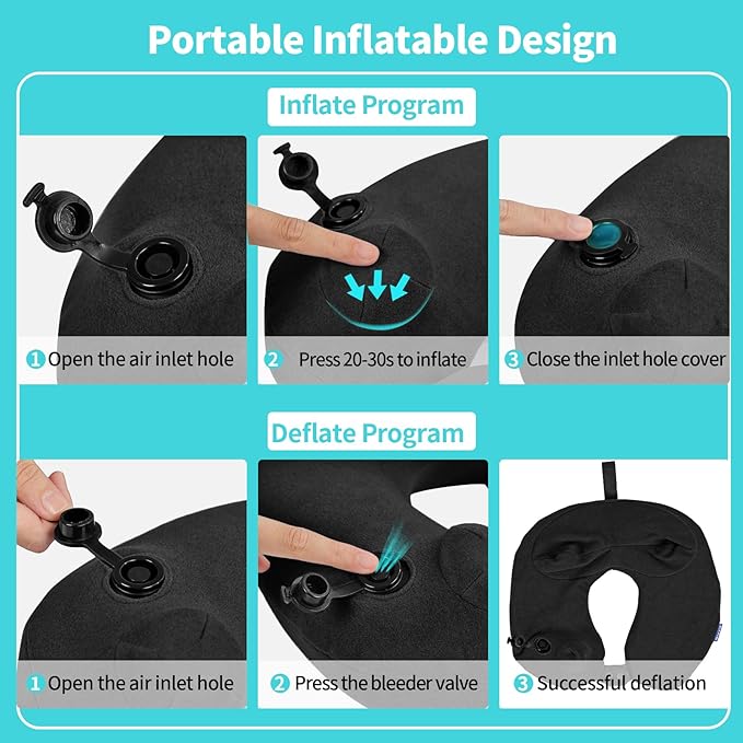 2 Pack Inflatable Travel Neck Pillows for Airplanes, Head Support Velvet Adult Neck Pillows for Long Flight, Kit with Eye Mask, Earplugs and Storage Bag, 2, Black