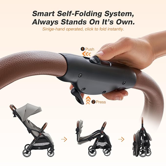Travel Stroller, Overhead-Friendly Compact Baby Stroller(Newborn to 50lbs), Self-Folding Toddler Pushchair for Travel, Full-Reclining Seat, Cup Holder Included