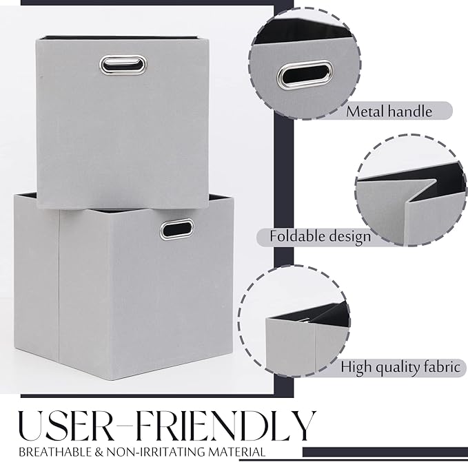 Cube Storage Bins 13×13 Polyester Foldable Box with Handles, Collapsible Organization Basket Set of 4 Large Capacity Drawer for Closet Shelf Cabinet Bookcase Bedroom, Light Gray