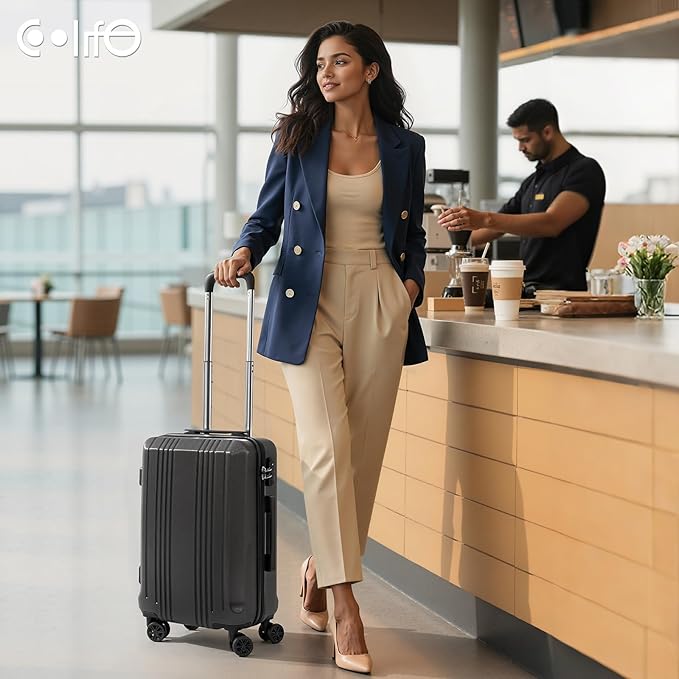 Coolife Luggage Suitcase PC+ABS with TSA Lock Spinner Carry on Hardshell Lightweight 20in 24in 28in(white, S(20in_carry on))