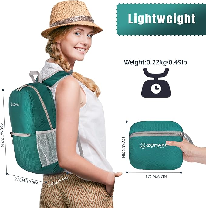 ZOMAKE Ultra Lightweight Hiking Backpack 20L, Packable Small Backpacks Water Resistant Daypack for Women Men(Dark Green)