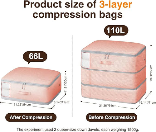 6 Pack Compression Storage Bags - 110L Large Capacity Comforter Storage Bag, 3-Layer Washable Ultra Space Saving Self Compression Organizer Space Bags for Blankets, Sweaters, Sheets, Pink