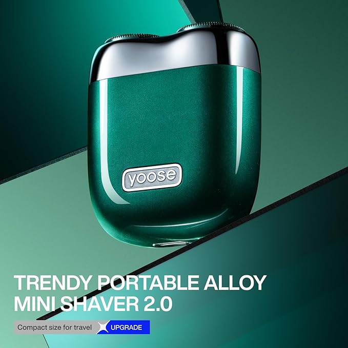 yoose Mini Electric Shaver, Alloy Portable Travel Shavers, Cordless Shaving, USB-C Rechargeable Electric Razor for Men, Dry Shave, IPX7 Waterproof, Detachable Head, Easy Cleaning, Green