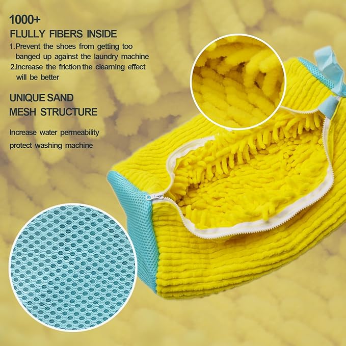 Shoe Washing Machine Bag, Sneaker Laundry Cleaning Bag for Washer and Dryer, 2pcs Yellow Shoe Wash Bags for Most Types and Sizes