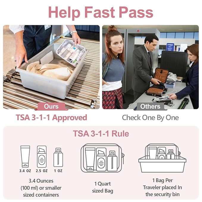 PACKISM TSA Approved Toiletry Bag, 3 Pack Clear Makeup Bag, Travel Makeup Cosmetic Pouch for Women, Carry on Airport Airline Compliant Bag, White (for age 12 or above)