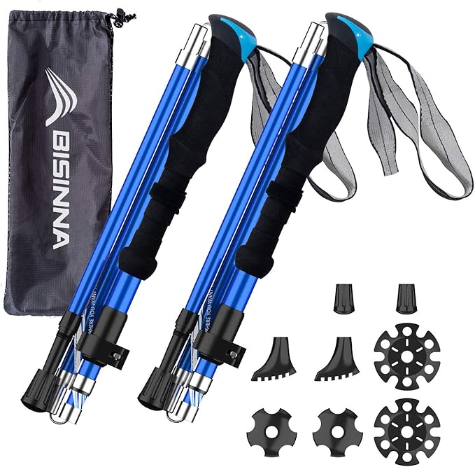 BISINNA Collapsible Trekking Hiking Poles- 2 Pack Folding Aluminum Walking Sticks with Quick Lock System 4 Season Accessories,Telescopic, Adjustable, Lightweight for Men Women