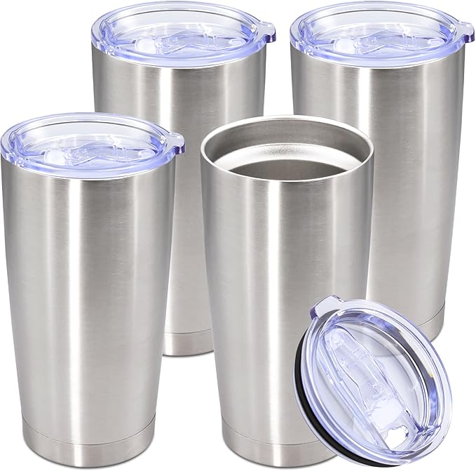 20oz Tumbler Stainless Steel Tumbler Cup with Lid Vacuum Insulated Double Wall Travel Mug, Durable Powder Coated Travel Coffee Tumbler Mug for Hot & Cold Drinks, Stainless Steel,4 Pack