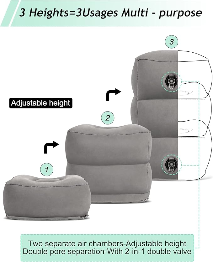 JefDiee Inflatable Travel Foot Rest Pillow,Kids Airplane Bed,Adjustable 3 Layers Height Leg Rest Pillow,Adults Travel Essentials Great for Airplane,Office,Home,Trains,Cars
