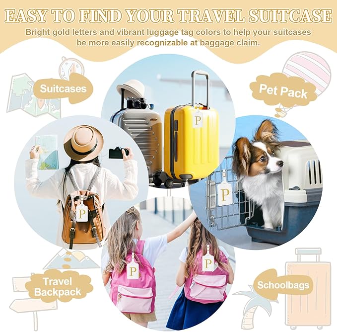 Personalized Initial Luggage Tags for Suitcase TSA Approved, White Leather Cute Luggage Tag with Privacy Cover Name Card, Embroidered Custom Luggage Tags Travel Baggage Tags Gifts for Women Kids(P)