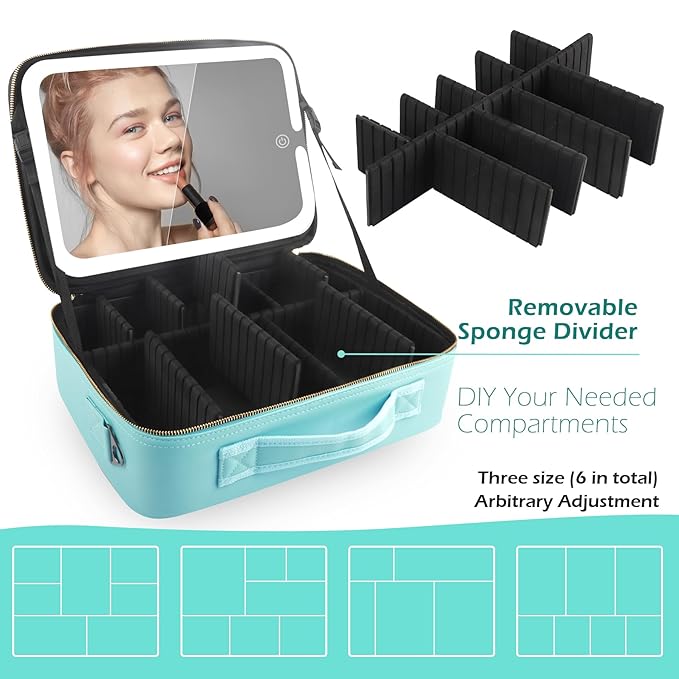 MOMIRA Travel Cosmetic Train Case with Lighted Mirror 3 Color Scenarios Cosmetic Bag Organizer with Adjustable Dividers Makeup Storage for Women, Makeup Accessories & Tools Case Aqua Blue
