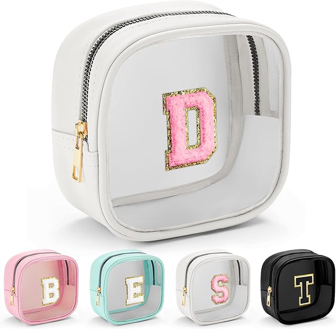 YOOLIFE Initial Make Up Bag Travel Toiletry Bag, Clear Makeup Bag Preppy Cosmetic Bags Organizer Travel Essentials Gifts for Women Teen Girlfriend Teacher Mom Birthday Mothers Day Gifts White D