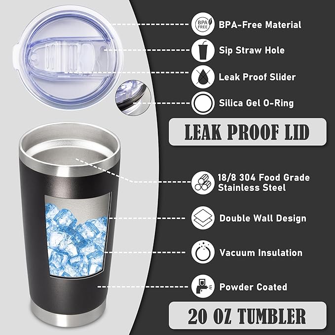 20 oz Tumbler Coffee Tavel Tumblers Bulk with Lid Stainless Steel Double Wall Vacuum Insulated Mug Powder Coated Cups fit Car Cupholder for Hot and Cold - Black, 4Pack