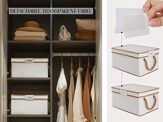 LoforHoney Home Fabric Storage Bins with Lids for Organizing, Foldable Closet Storage Boxes for Shelves, Clothes Baskets with Cotton Rope Handles, Large, Beige & Brown, 2-Pack