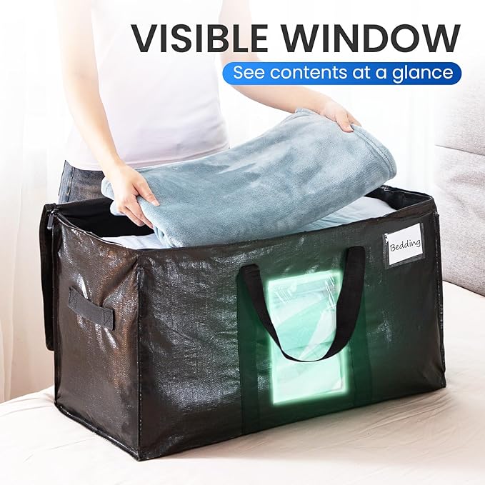 TAILI Extra Large Moving Bags, 4 Pack Black Heavy Duty Totes For Storage with Visible Window, Wrap Around Handles, Storage Bags for Space Saving, Alternative to Moving Boxes
