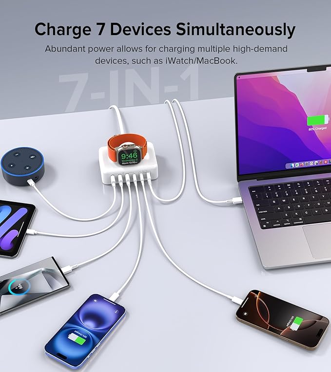 170W USB C Charging Station Block, Travel Charger for Multiple Devices, USB C Charger Plug for iPhone 16 15 14 13 12 Series, Apple Watch Ultra SE 10 9 8 7 6 5 4 3 2, AirPods, MacBook Pro Air, iPad