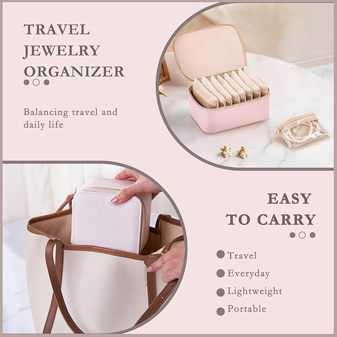 Jewelry Box Organizer for Women,Small Travel Jewelry Case,Mini Travel Jewelry Organizer with 8 Velvet Jewelry Zipper Pouches, Jewelry Box Organizer for Teacher Gifts Wedding Gifts(Off White)