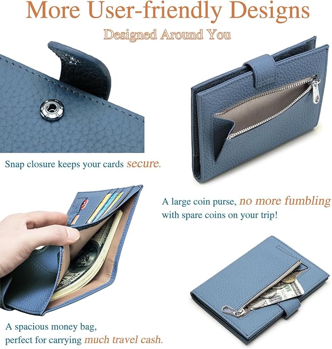Slim RFID Leather Passport Holder for Travel Women & Men – Compact Travel Passport Wallet with Passport Slot & Card Slots, Zippered Coin Pocket & Travel Passport Cover Case – Denim Blue