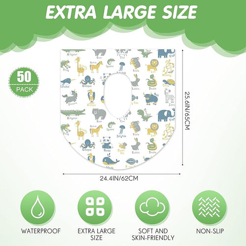 50 Packs Disposable Toilet Seat Covers Extra Large Individually Wrapped for Kids and Adults, Portable Non Slip Waterproof Potty Seat Covers for Toddlers Potty Training, Travel (Animal)