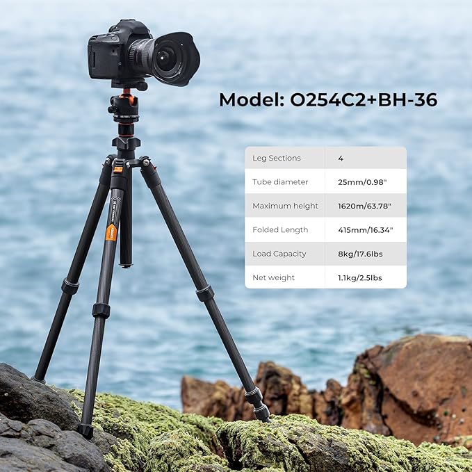 K&F Concept 64" Carbon Fiber Camera Tripod,Lightweight Travel Tripod with 36mm Metal Ball Head Load Capacity 17.6lbs, Quick Release Plate,for DSLR Cameras Indoor Outdoor Use K254C2+BH-36L