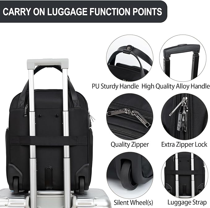EMPSIGN Underseat Carry On Wheeled - 16" Carry on Bag with Wheels Multi-functional Lightweight Rolling Bag Overnight Weekender Small Suitcase for Women Men Travel Business, Black