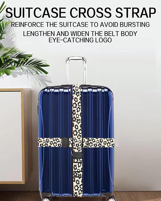 Luggage Straps for Suitcases, Adjustable Travel Belt, Durable Wide Luggage Strap, Cute Suitcase Strap Identifiers with Buckle, Bag Straps for Luggage, Cute Black Daisy