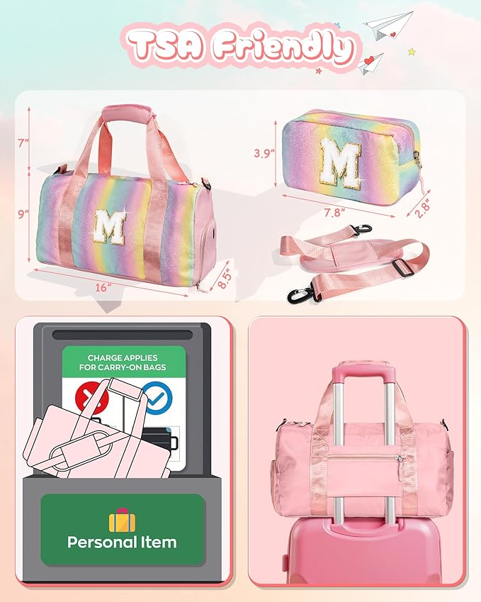 Gifts for 3 4 5 6 7 8 9 10 Year Old Girls-Girl Gym Bag with Shoe Compartment, Kid Personalized Weekender Dance Bags, Initial Travel Tote with Makeup Pouch, Gift Ideas for Kids (Letter M)