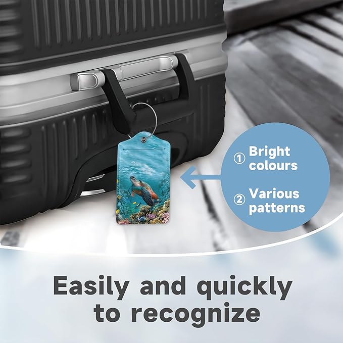 Set of 2 Luggage Tags for Suitcases, Leather Turtle Fish and Coral Baggage Tags with Stainless Steel Loop, Privacy Name ID Card Cover Kawaii Travel Labels for Women Men Kids Girls