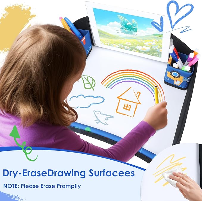 Kids Travel Tray for Airplane - Toddler Car Seat Table Tray, Road Trip Essentials for Boys & Girls, Carseat Lap Desk for Kids Road Trip Activities (Dark Blue Car)