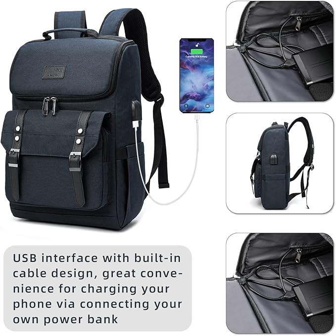 YALUNDISI Vintage Backpack Travel Laptop Backpack with usb Charging Port for Women & Men College Backpack Fits 15.6 Inch Laptop Blue