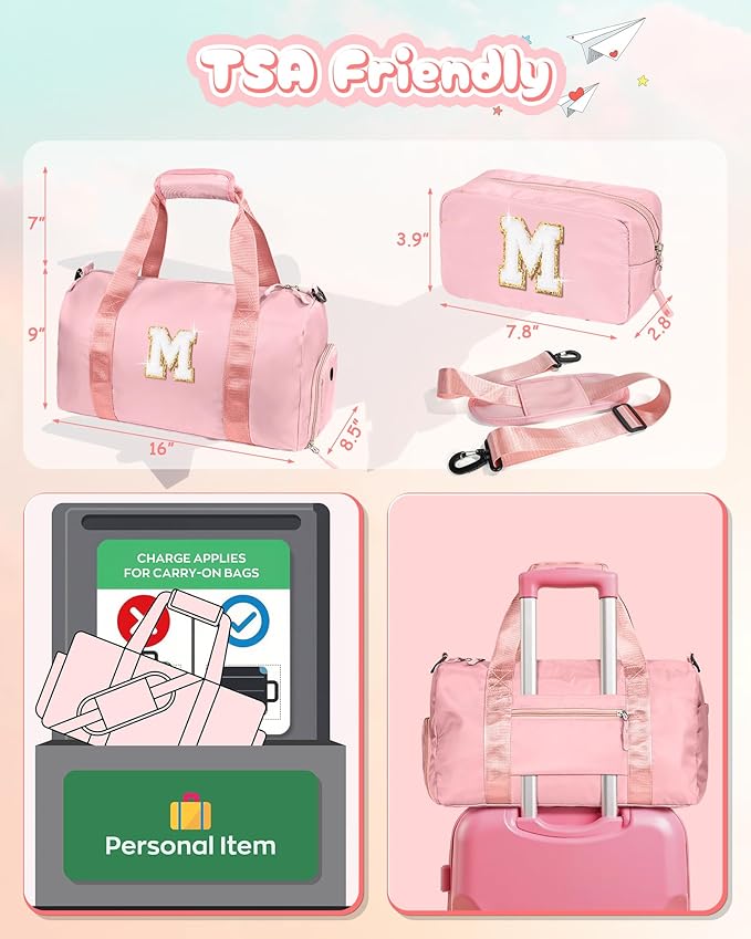Valentines Day Gifts for Her-Girl Gym Bag with Shoe Compartment, Kid Personalized Weekender Overnight Bags, Initial Travel Tote with Makeup Pouch, Girls Kids Easter Gift (Letter V)