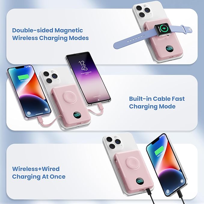Magnetic Portable Charger for iPhone with Built-in Cables, 6-in-1 10800mAh Power Bank with iWatch Charger & LCD Display,25W Fast Charging Battery Pack for iPhone 16/15/14/13/12,Apple Watch (Pink)