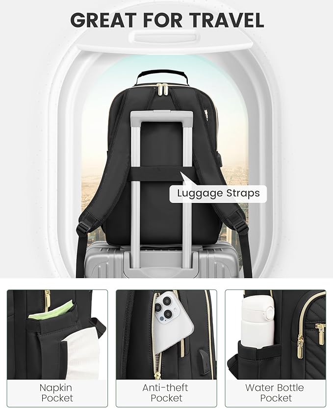 LOVEVOOK Laptop Backpack for Women, Travel Computer Work Bags with 17-inch Laptop Compartment, College School Student Bag Teen Backpacks For Girls, Hiking Outdoor Carry On Backpack Purse, Black