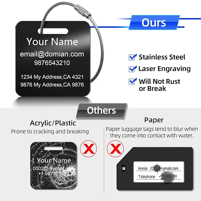 Stainless Steel Personalized Luggage Tags for Suitcases - Custom Name ID Travel Tags for Luggage, Backpacks, Baggage and Bags - Metal Unique Lable - Travel Essentials Accessories for Kids, Women, Men