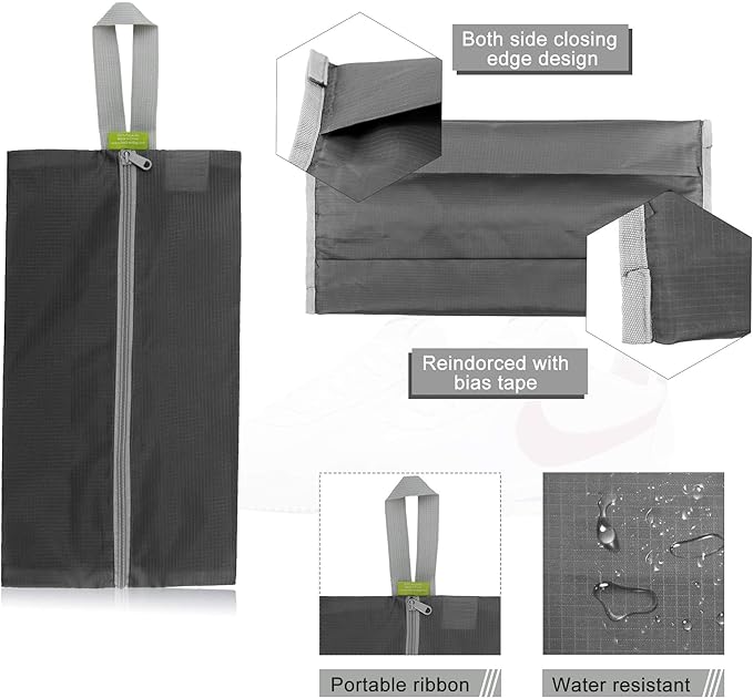 BeeGreen Black Grey Shoe Organizer Set - 6 Pack Shoe Bags For Travel with Zipper Closure and Handle,Stylish and Portable Nylon Shoe Storage for Men and Women's Travel Gifts and Home Storage
