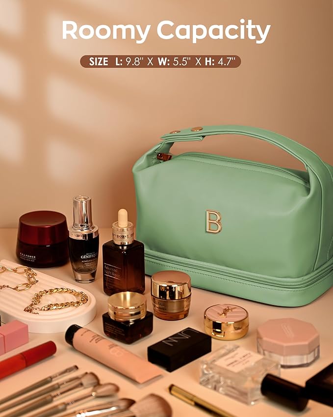Gifts With Initials for Women, Personalized Makeup Bag with Handle, Initial Double Layer Cosmetic Bag with Makeup Brush Organizer, Cute Cosmetic Pouch for Women, Gifts for Friends Female