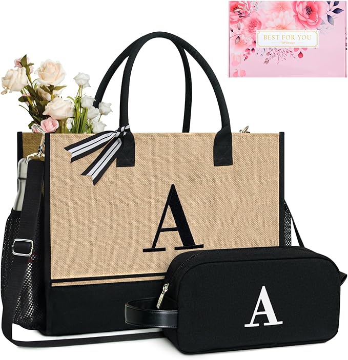 TOPDesign Personalized Initial Canvas Tote Bag, for Wedding, Birthday, Beach, Perfect Gifts for Women, Mom, Teachers, Friends